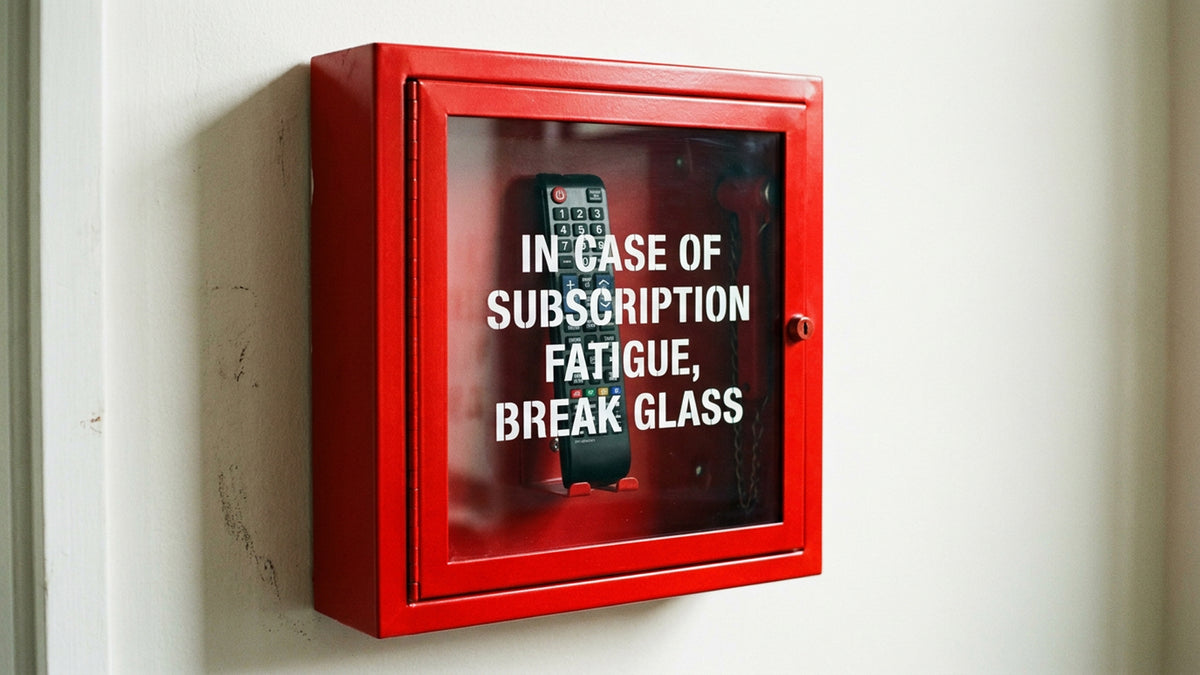 Roter Notfallkasten mit Fernbedienung statt Feuerlöscher, Aufschrift 'In case of subscription fatigue, break glass'.