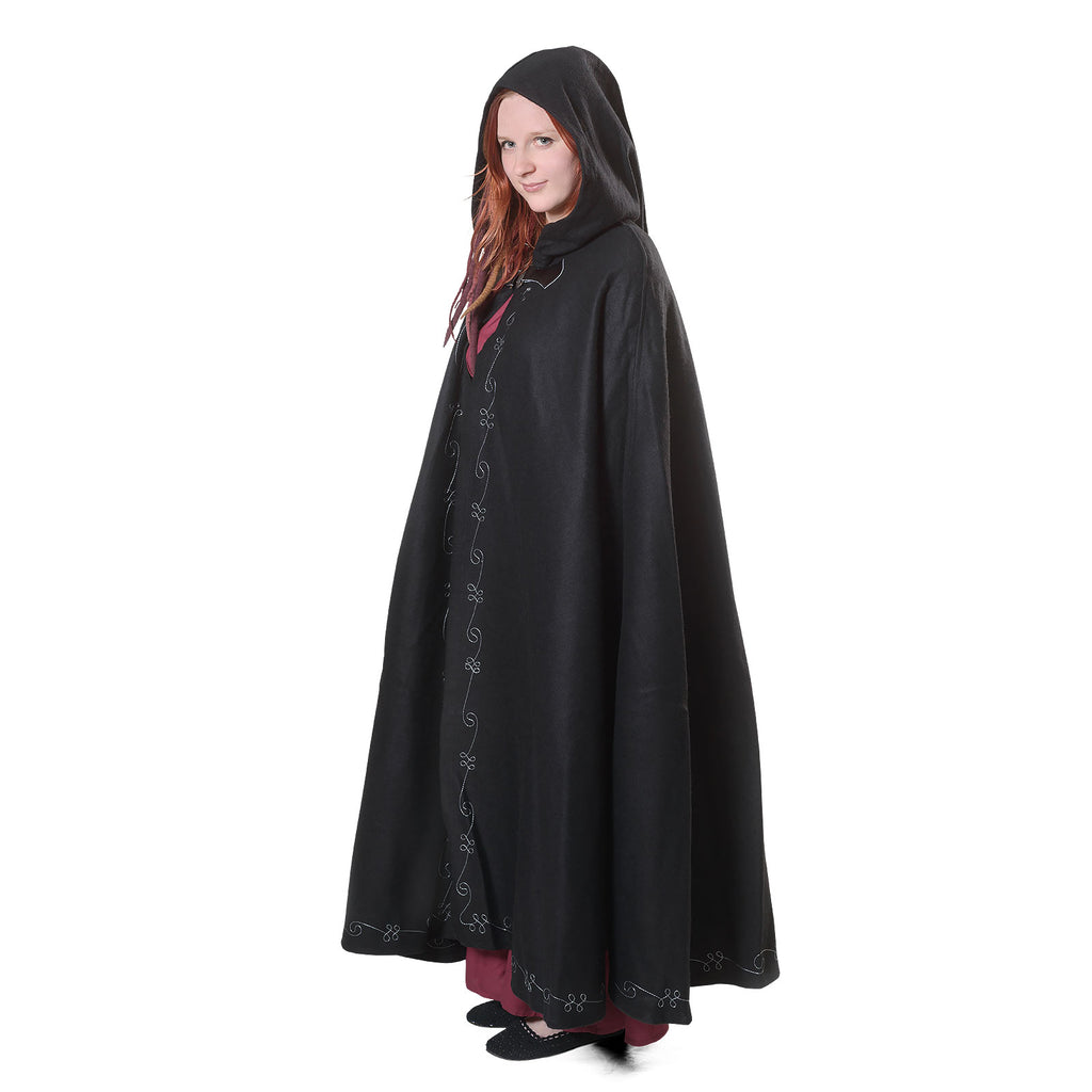 Imagen del producto Capa medieval de lana para mujer con capucha, bordado y cierre de metal negro