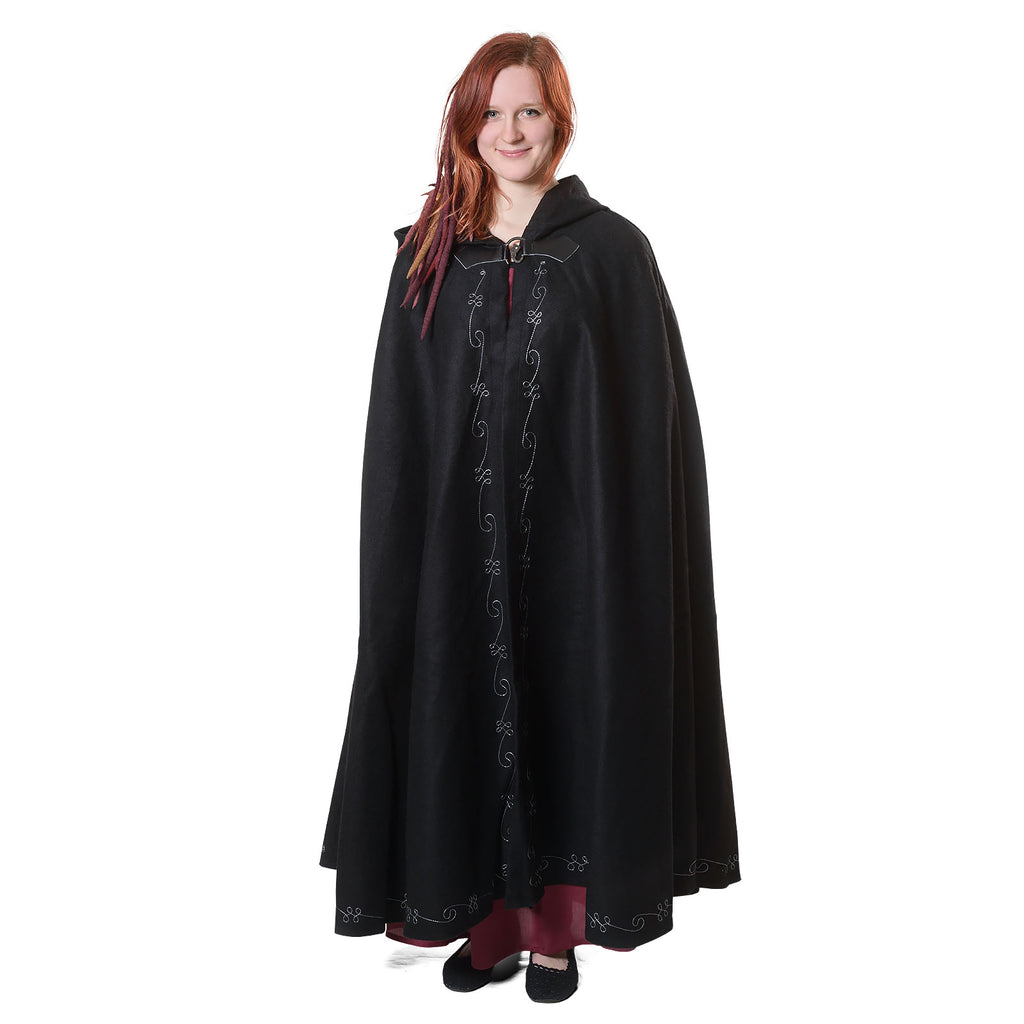 Imagen del producto Capa medieval de lana para mujer con capucha, bordado y cierre de metal negro