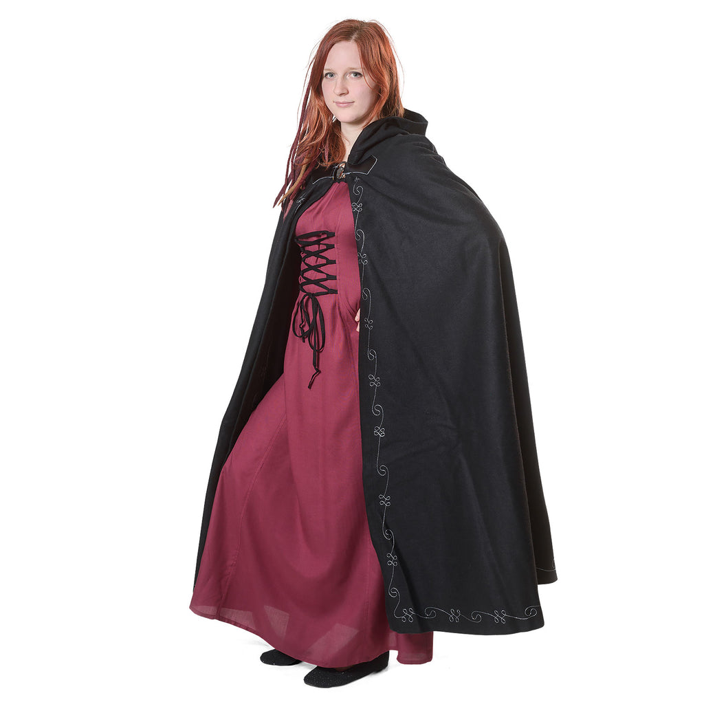 Imagen del producto Capa medieval de lana para mujer con capucha, bordado y cierre de metal negro