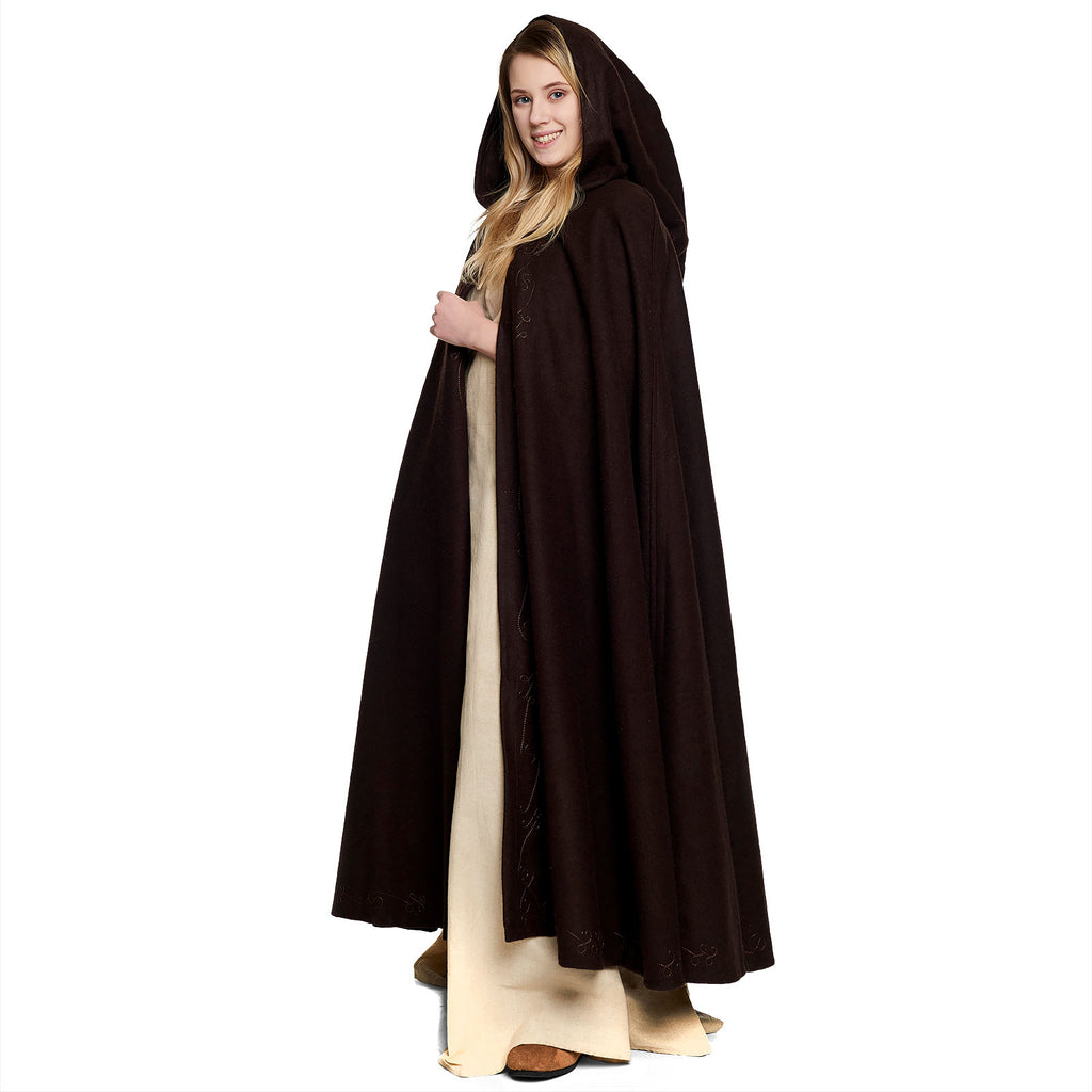 Imagen del producto Capa medieval de lana para mujer con capucha, bordado y hebilla de metal marrón