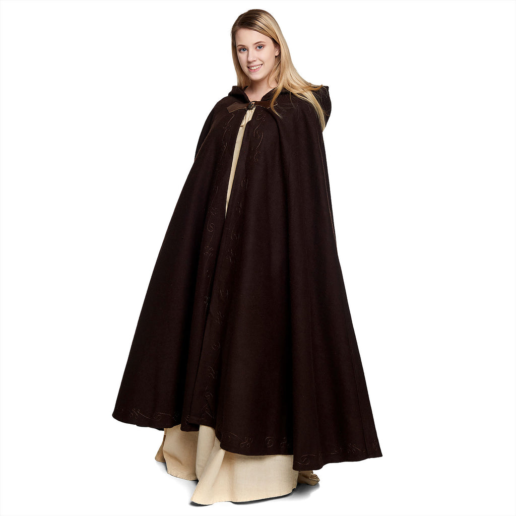 Imagen del producto Capa medieval de lana para mujer con capucha, bordado y hebilla de metal marrón
