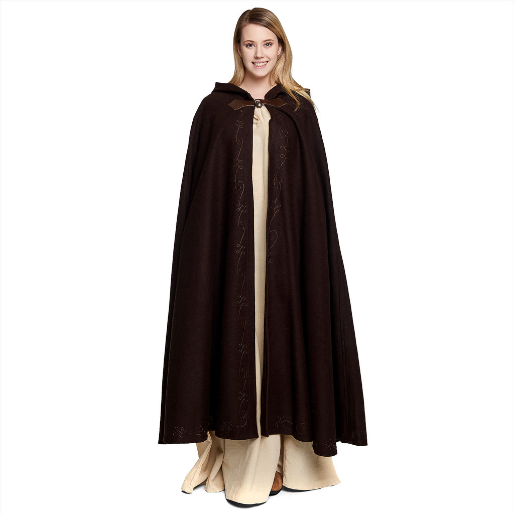 Imagen del producto Capa medieval de lana para mujer con capucha, bordado y hebilla de metal marrón