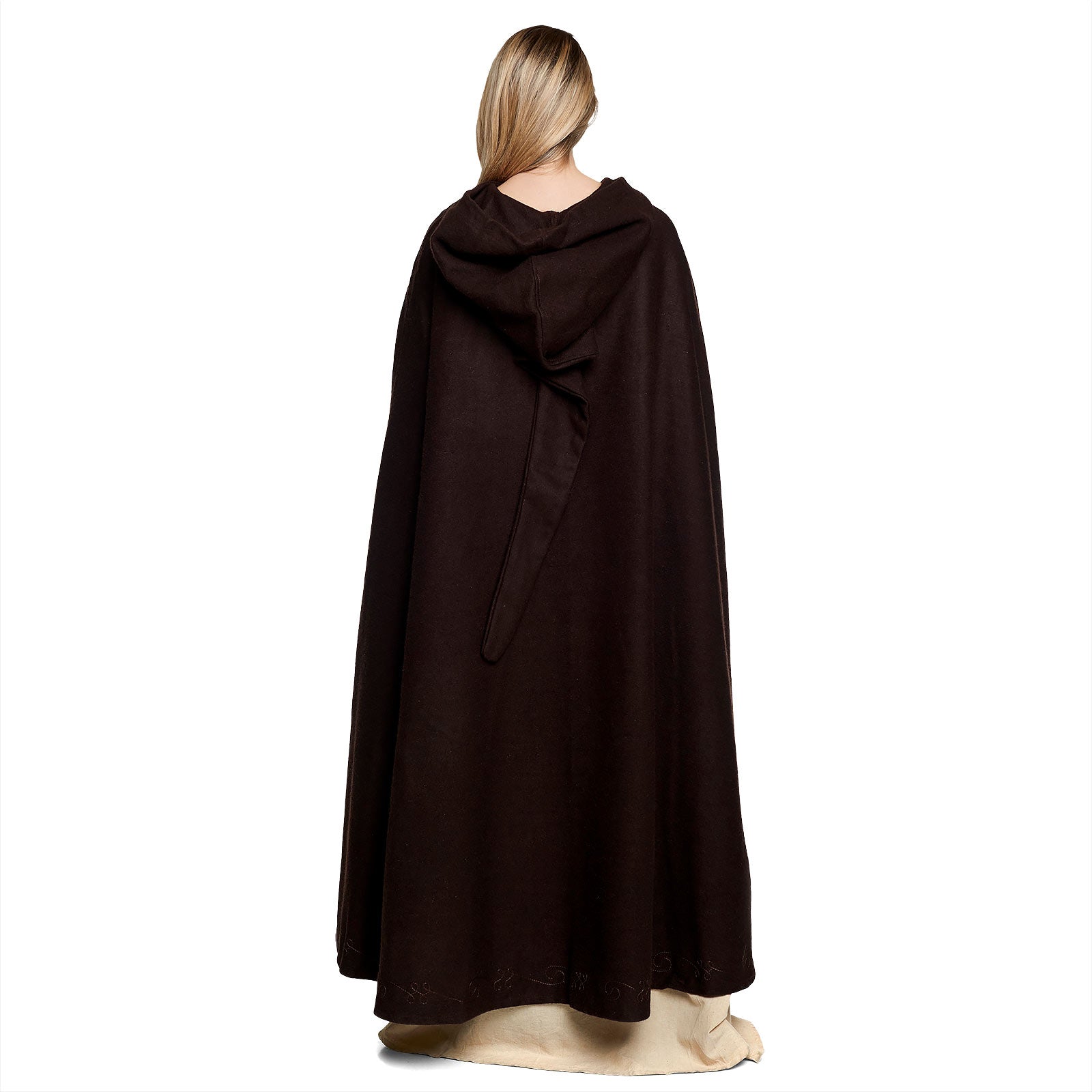 Imagen del producto Capa medieval de lana para mujer con capucha, bordado y hebilla de metal marrón