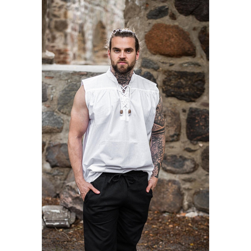 Imagen del producto Camisa medieval de cuello alto con cordones Louis sin mangas blanca