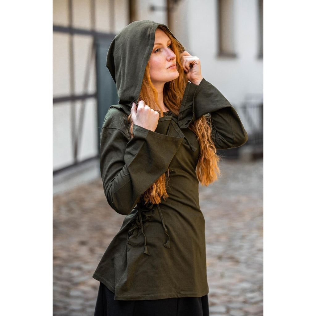 Imagen del producto Blusa medieval Lea con capucha y cordones verde