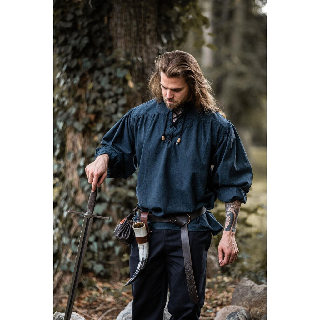 Imagen del producto Camisa medieval con cuello alto y cordones Georg azul jaspeado