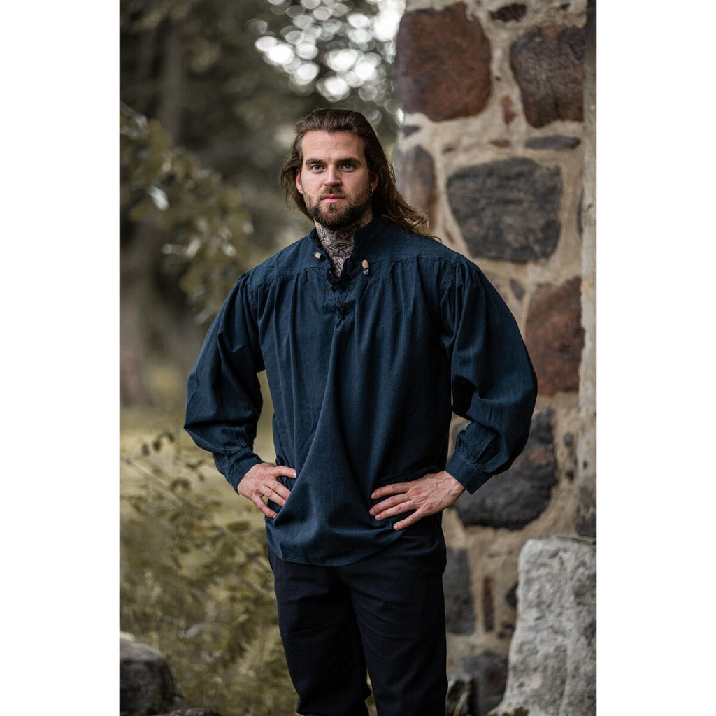 Imagen del producto Camisa medieval con cuello alto y cordones Georg azul jaspeado
