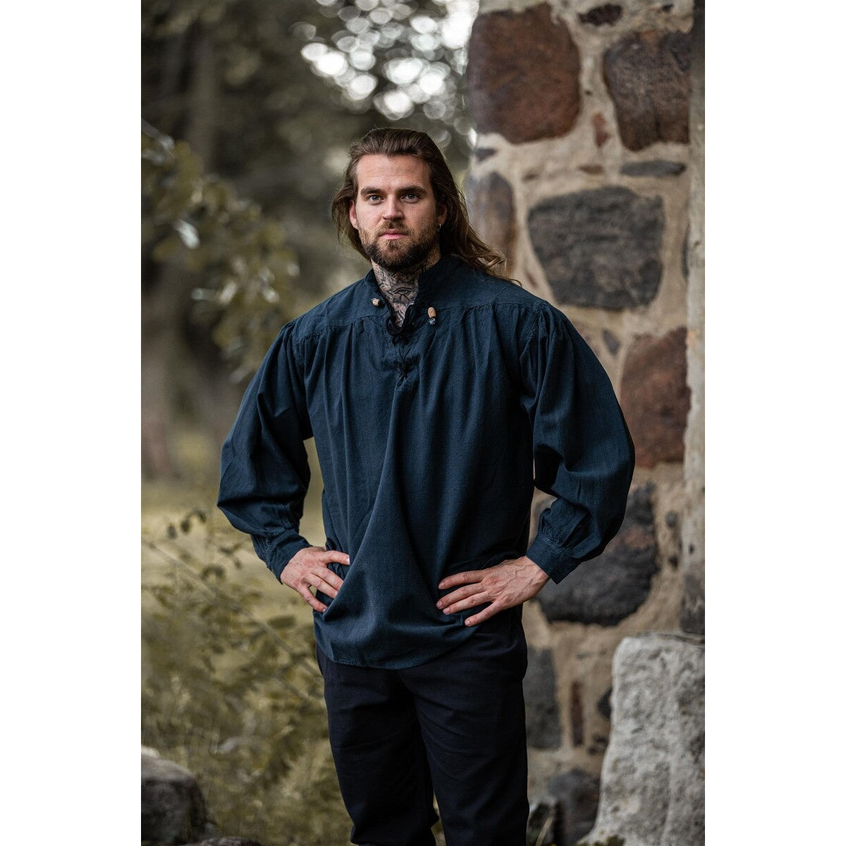 Imagen del producto Camisa medieval con cuello alto y cordones Georg azul jaspeado