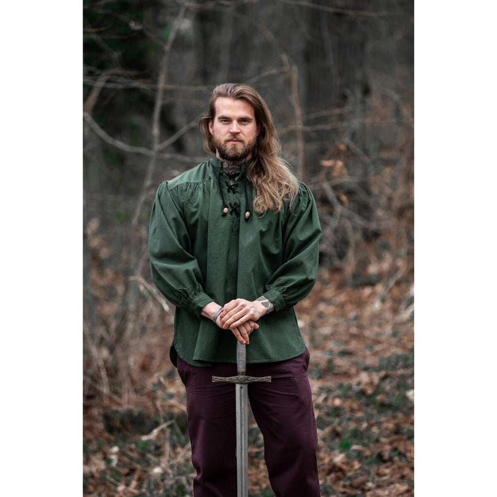 Imagen del producto Camisa medieval con cuello alto y cordones Georg verde jaspeado