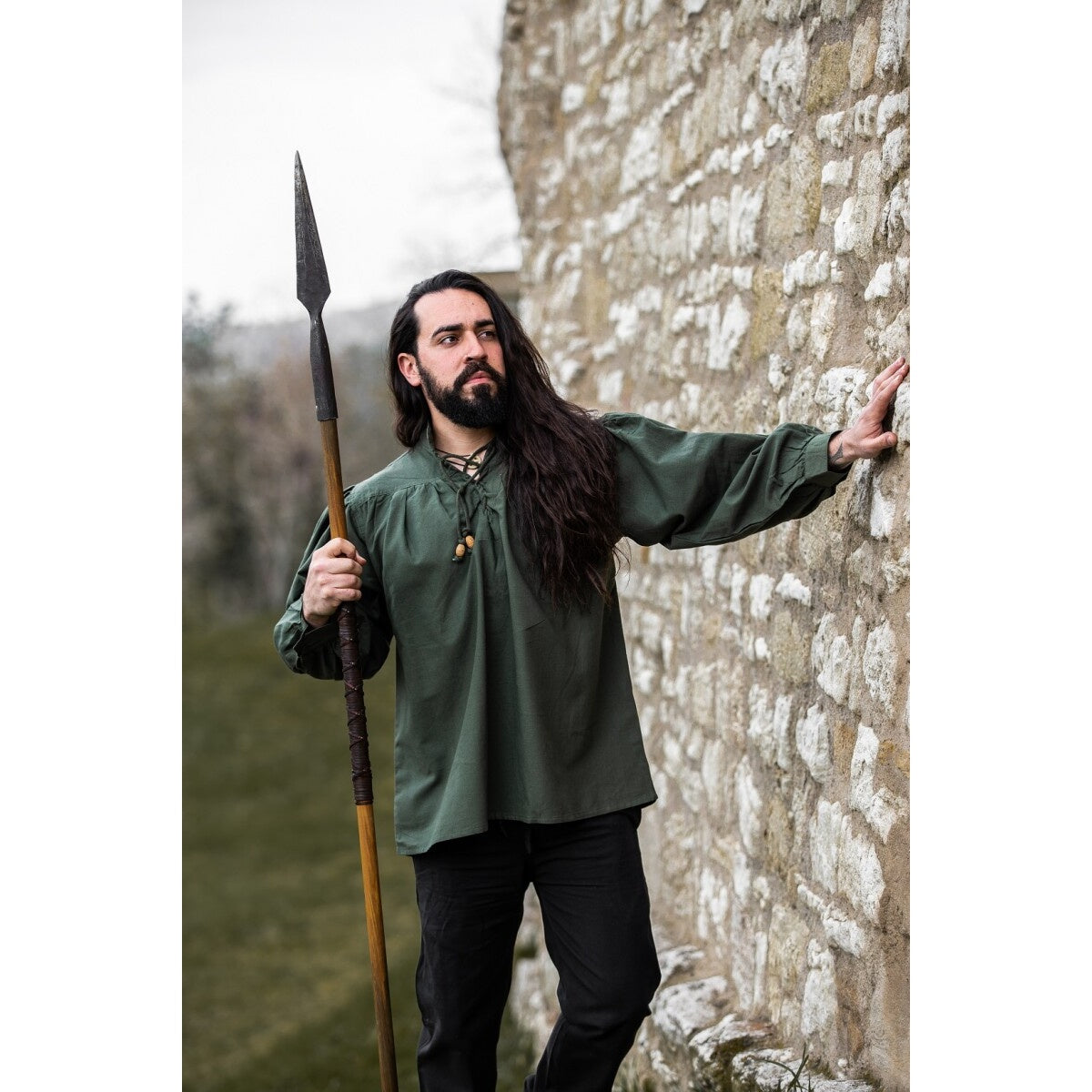 Imagen del producto Camisa medieval con cuello alto y cordones Friedrich verde