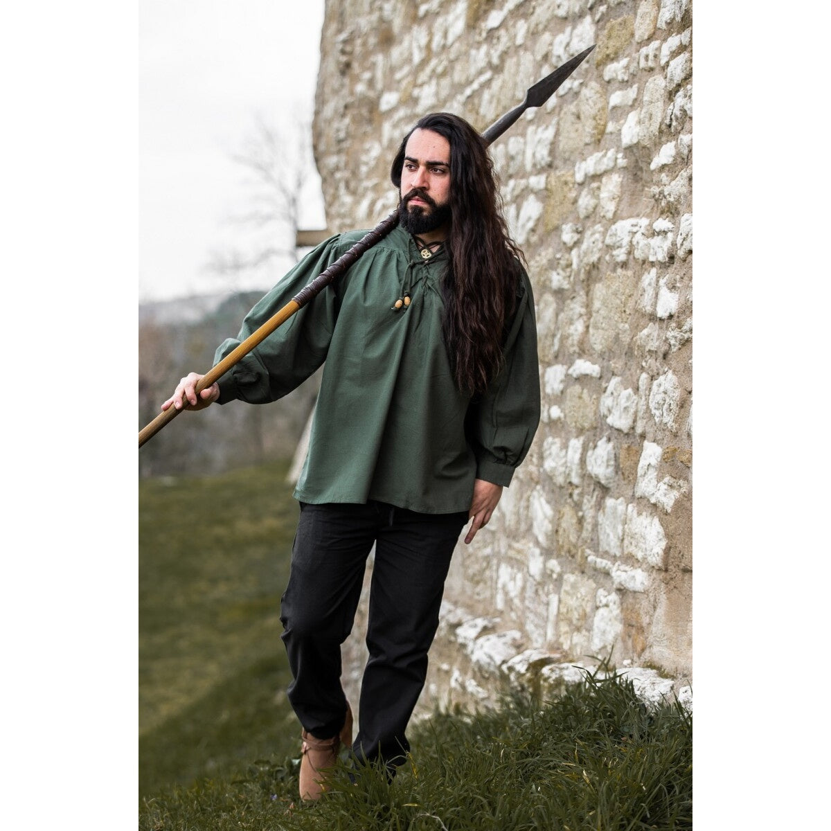 Imagen del producto Camisa medieval con cuello alto y cordones Friedrich verde