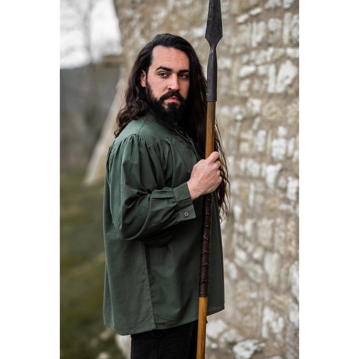 Imagen del producto Camisa medieval con cuello alto y cordones Friedrich verde