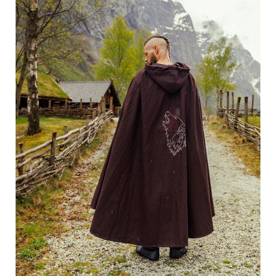 Imagen del producto Capa vikinga medieval Alpha con bordado de lobo marrón