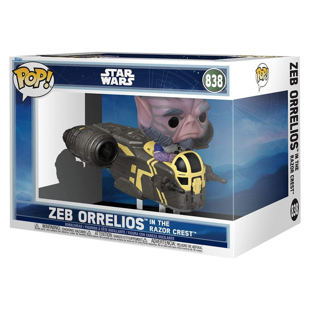 Imagen del producto Star Wars: The Mandalorian and Grogu POP! Rides Deluxe figura cabezona de vinilo Zeb Orrelios en la Razor Crest 9 cm