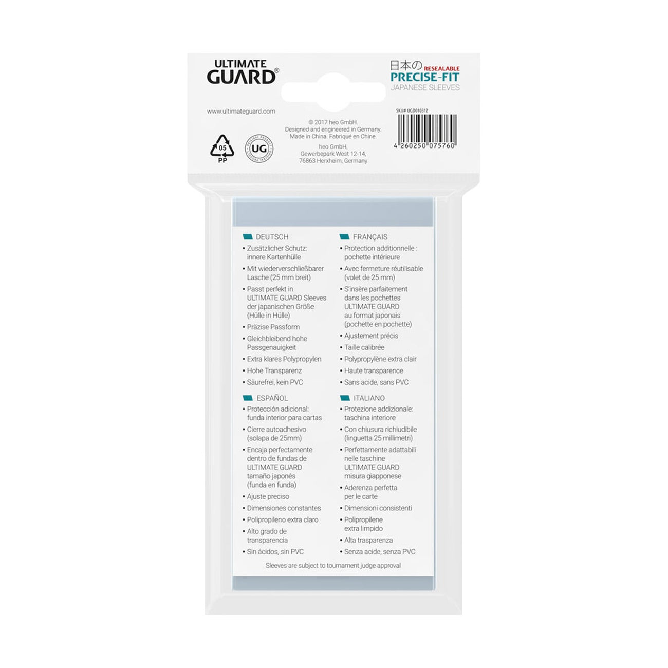 Imagen del producto Ultimate Guard Precise-Fit Sleeves Tamaño Japonés (100) - Resealable