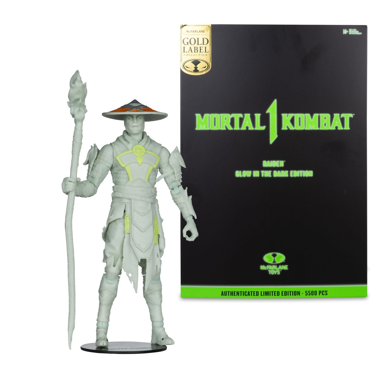 Imagen del producto Figura de acción Mortal Kombat Glow in the Dark Edition Raiden (Gold Label) 18 cm