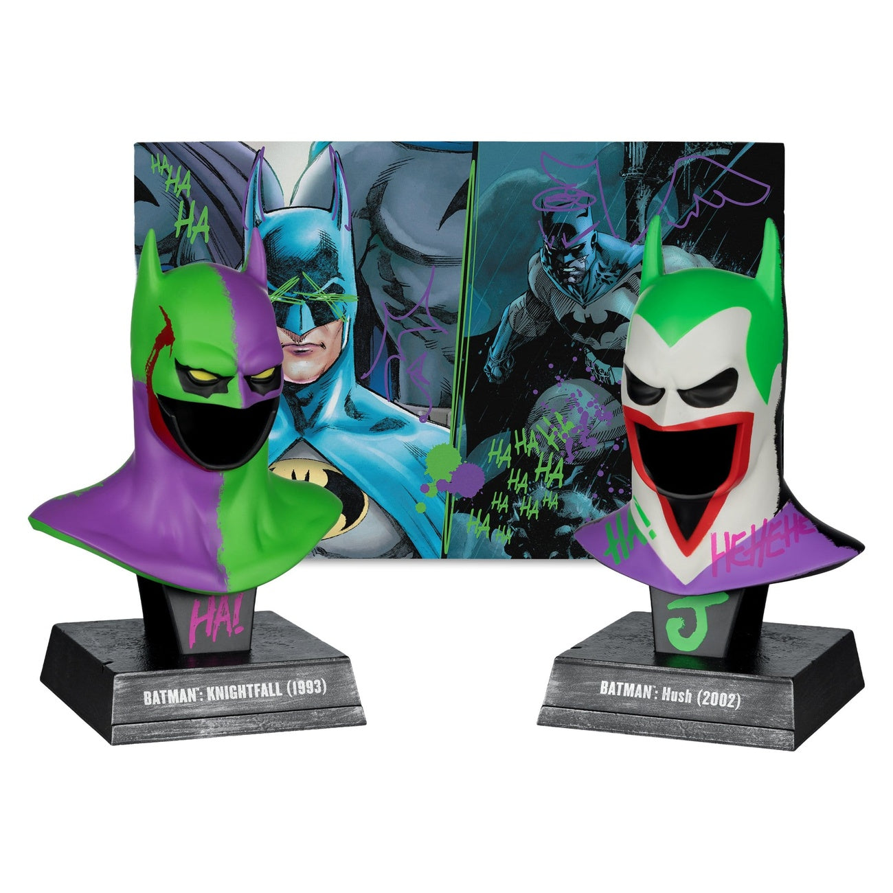 Imagen del producto Batman DC Direct Mini Réplica 1/3 Pack de 2 Máscaras de Batman Hush & Knightfall (Jokerized) (Gold Label) 18 cm