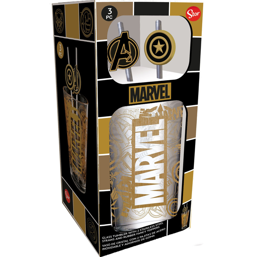 Imagen del producto Vaso de cristal Marvel con pajitas Logo & Avengers 485 ml